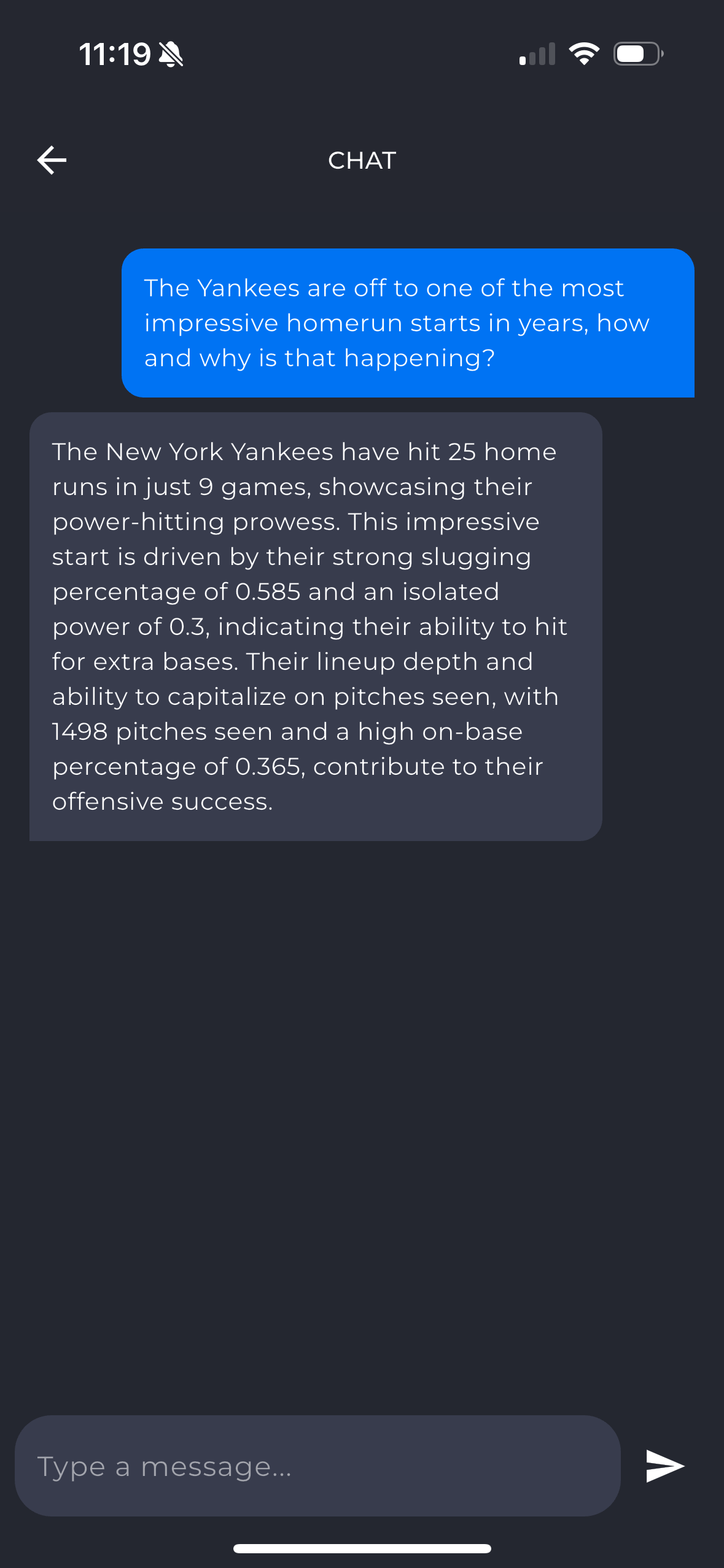 WinningEdge AI chat answering a Yankees home run question
