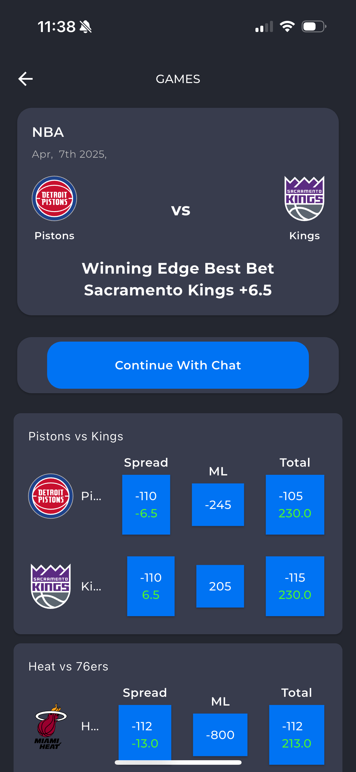WinningEdge AI games screen with Best Bet and live odds