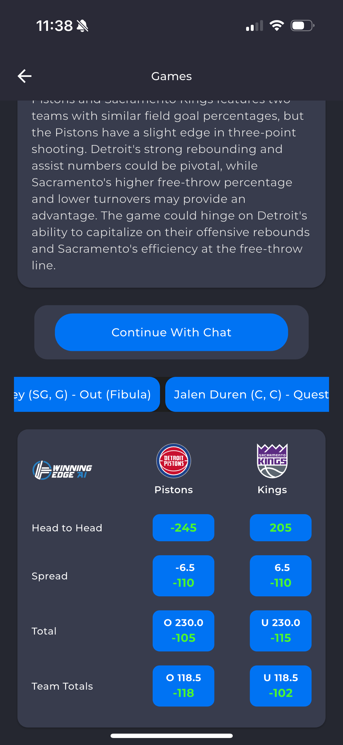 WinningEdge AI game screen with injury updates