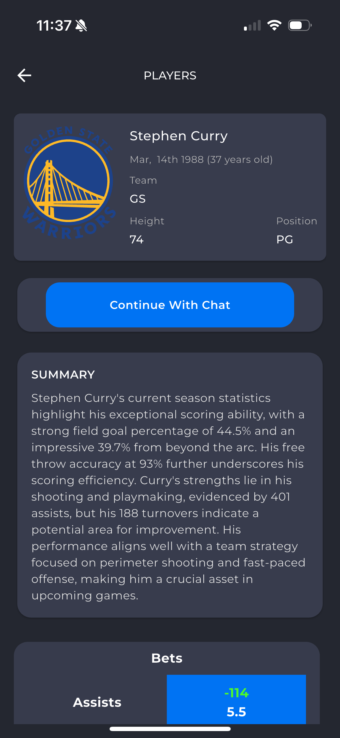 WinningEdge AI player screen with AI summary and props